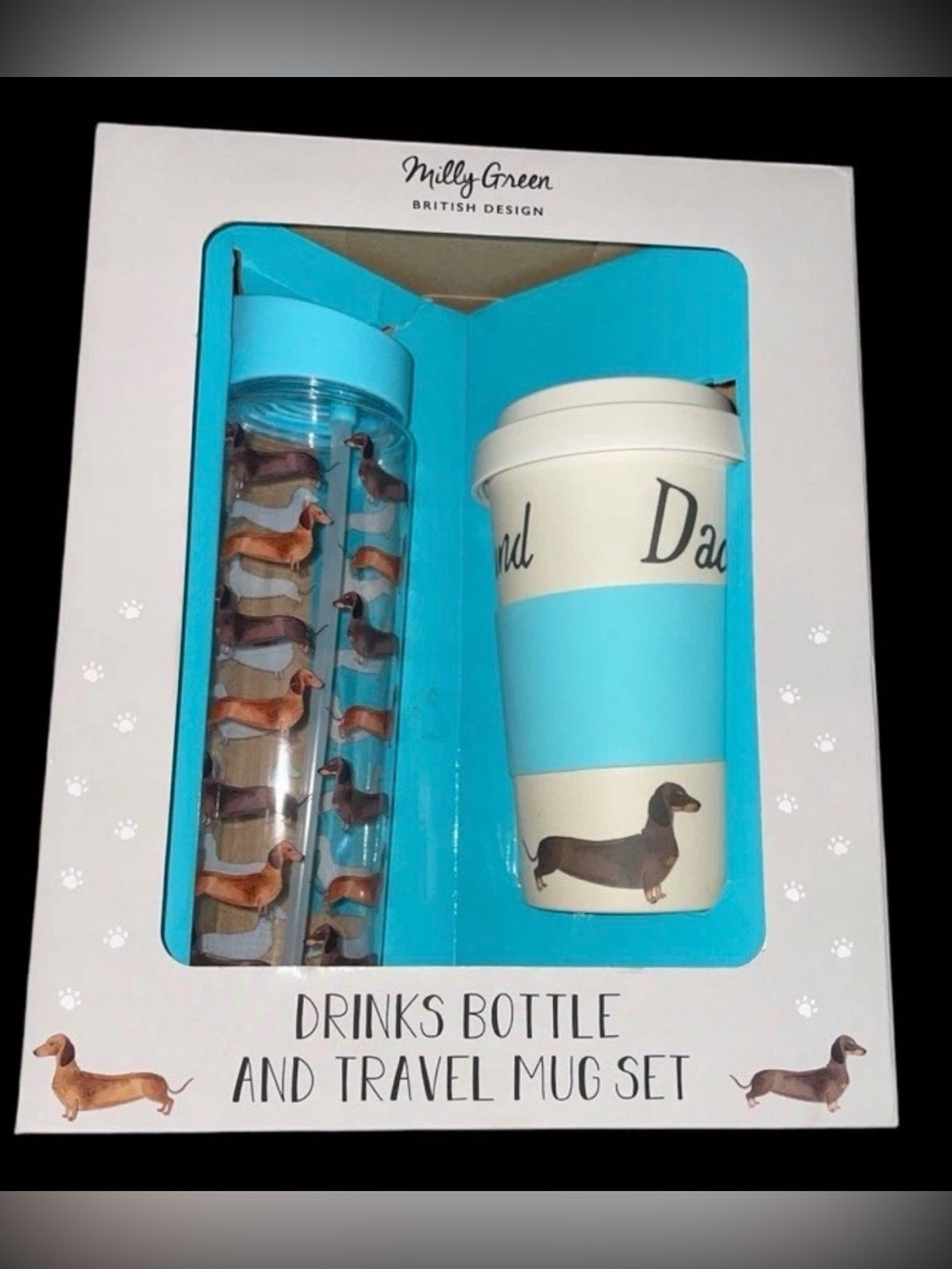 Milly Green British Design Dachshund Drink Bottle And Travel Mug Set New In Box